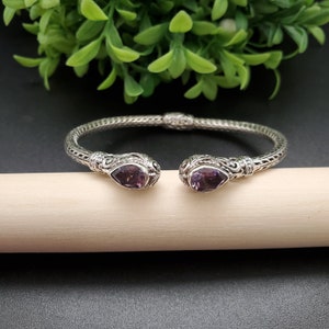 BC#151 | Balinese armband manchet | Sterling zilveren edelsteen filigraan bloeiende Bali tuin manchet armband | Paarse Amethist armband manchet