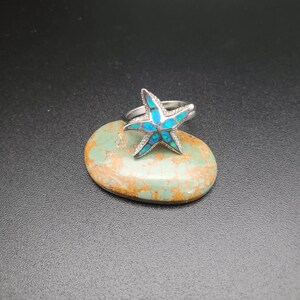 Ring #R33 Dainty Blue Opal Inlay Starfish Ring | Sea Star Opal Inlay Ring | White Opal Ring | Sterling Silver Blue Opal Seastar Ring