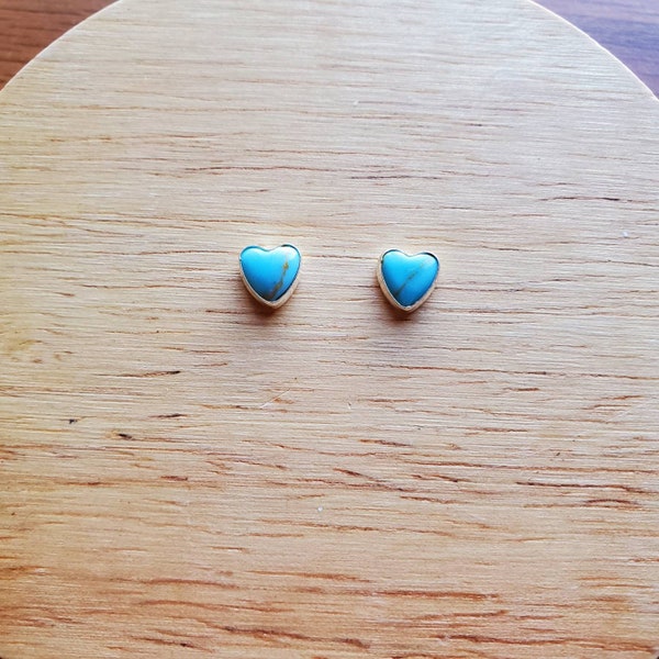 Dainty Kingman Turquoise Heart Stud Earrings | 6mm Cute Small Turquoise Post Earrings | Sterling Silver Turquoise Heart Earring Posts