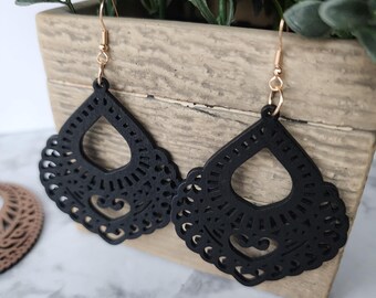 Lazer Cut Wood Black Lace Chandelier Gold Earrings