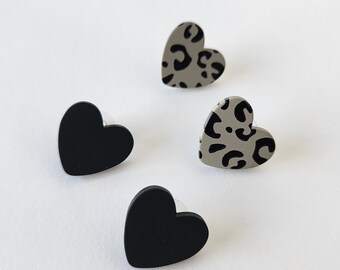 Heart Stud Earrings, Black, Black and Gray Leopard Print, Animal Print Accessories