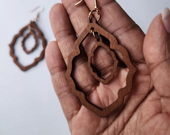 Wood Brown Stained Minimalist Silver Tone Earrings