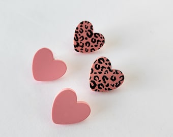 Heart Stud Earrings, Pink, Pink and Black Leopard Print, Animal Print Accessories