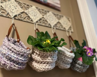 Crochet Hanging Basket, Hanging Basket, Basket with Suede Handle, Storage Basket, Plant Hanger, Home Decor, Farmhouse Style, Coastal Living