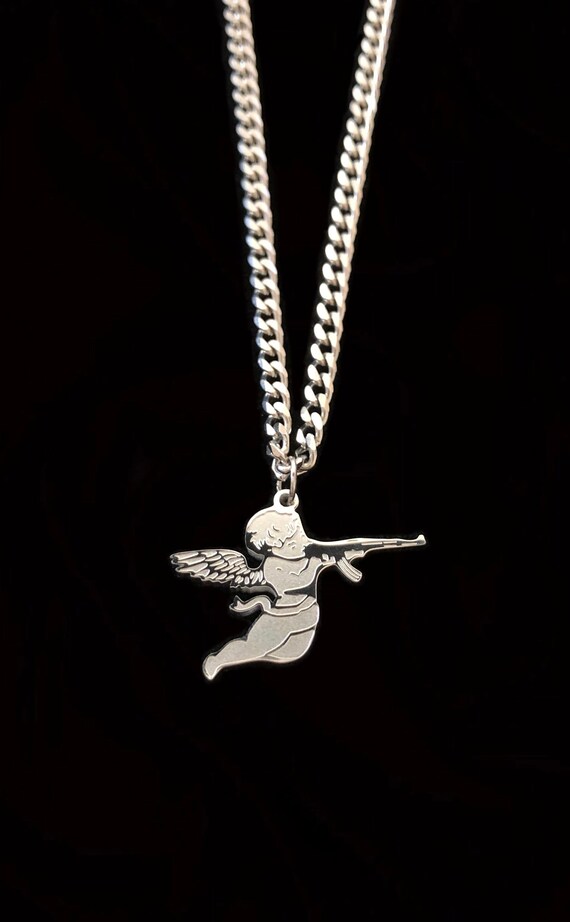 Mens Pendant Necklace FALLEN ANGEL with Silver Wings and Skull