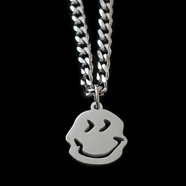 Collier Smiley, Collier Happy Face, Collier Pendentif, Collier Streetwear, Collier Homme, Acier Inoxydable, Collier Femme, Chaîne