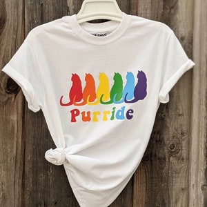 Pride cat tee rainbow kitty tshirt purride shirt unisex LGBTQ+ available in black or white mother's day check out the matching tote