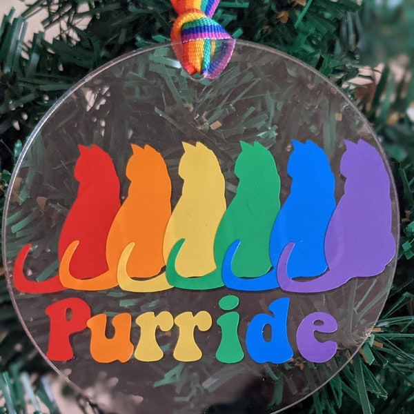 Pride purride rainbow kitty cat Christmas holiday tree hanging ornament decoration lgbtq+ community acrylic with rainbow ribbon