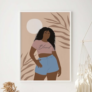 Curvy Black Woman with Curly Hair Wall Art Art INSTANT DOWNLOAD African Woman Art Print  Plus Size Woman Wall Art Blessed Body Positive Art