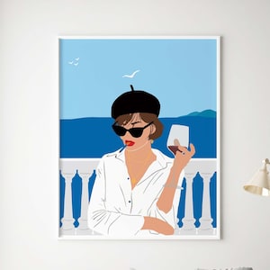 Woman Drinking Wine Art INSTANT DOWNLOAD Boujee Woman on Vacation Wall Art Blue Sea Poster Ocean View Wall Art Modern Printable Art