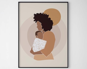 Black Woman with Baby Wall Art Print New Mom Gift Art Print African Woman Printable Art Black Mom Art Print