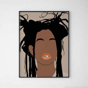 Puede incluir: Una ilustración enmarcada de una mujer con piel morena y rastas negras. La mujer lleva lápiz labial naranja y tiene una expresión neutral. El fondo es de color marrón claro.