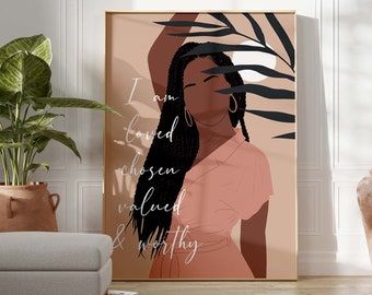 Black Girl Affirmation Art INSTANT DOWNLOAD Boho Black Woman Self Love Art Woman with Braids Art Poster Tropical Black Girl Wall Art