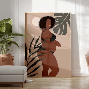 Curvy Black Woman Art INSTANT DOWNLOAD Body Positive Black Woman Self Love Wall Art Woman with Curls Poster Plus Size Black Woman Wall Art