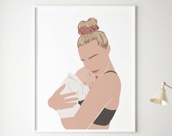 Blonde Mom and Baby Wall Art Print New Mom with Baby Art New Mom Printable Art Print Mommy and Baby Minimal Nursery Art Poster