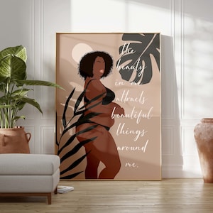 Curvy Black Woman Affirmation INSTANT DOWNLOAD Body Positive Black Woman Self Love Wall Art Woman with Curls Poster Plus Size Black Girl Art