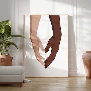 Póster imprimible de arte de pared de manos interraciales, ilustración de igualdad, decoración del hogar, impresión de pared de pareja mixta, decoración de habitación de arte minimalista
