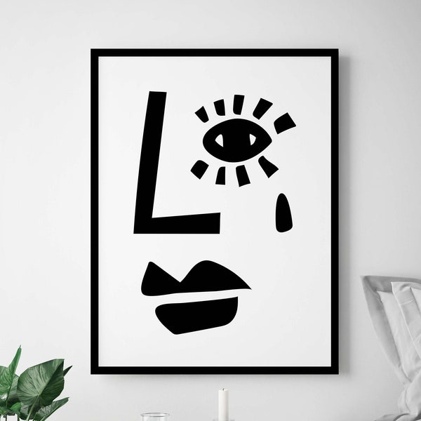 Abstract Face Art Printable Crying Woman Modern Art Print Downloadable Conceptual Art Black and White Crying Face Art Monochrome Wall Decor