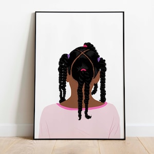 三つ編みの黒人少女アート 即時ダウンロード 茶色の少女の壁アート 黒人少女の髪のアートプリント 女の子の寝室のアートプリント