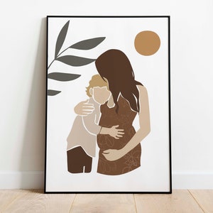 Motherhood Wall Art Print Mom and Son Art Pregnant Woman Printable Art Print Plant Leaves Minimal Mother's Day Gift Poster
