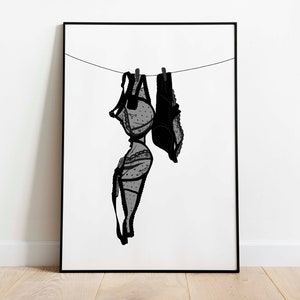 Hanging Lingerie Wall Art INSTANT DOWNLOAD Black Bra and Panties on Clothesline Art Print Hanging Laundry on Washing Line Wall Decor