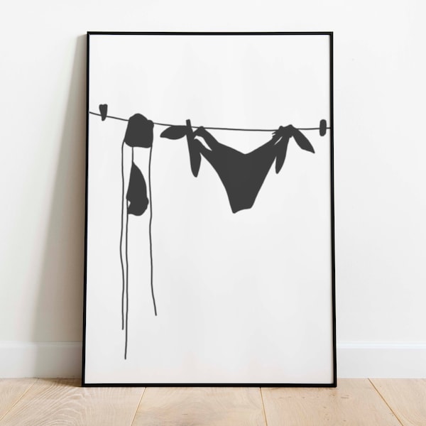 Hängender Bikini Wandkunst INSTANT DOWNLOAD Bikini auf Wäscheleine Schatten Kunstdruck Hängende Wäsche auf Waschanleitung Wanddekoration