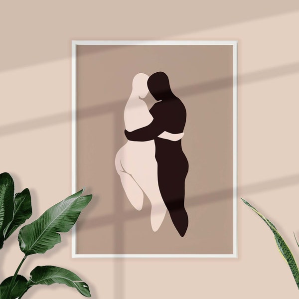 Biracial Couple Wall Art White Woman Black Man Printable Art Poster Abstract Interracial Body Figure Art Mixed Couple Sculpture Art
