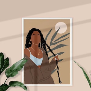 Boho Black Girl Art INSTANT DOWNLOAD Black Woman Art Woman with Braids Art Poster Black Girl with Dreadlocks Wall Art