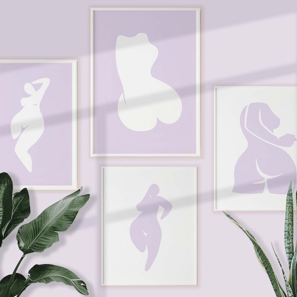 Lilac Wall Art Set of 4 Abstract Female Body Printable Wall Art Lavender Minimalist Art Print Curvy Woman Body Art Print Body Positive Art