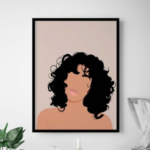 Brown Girl with Big Curls Art INSTANT DOWNLOAD Curly Girl Wall Art Black Woman Art Poster Woman Big Hair Wall Art