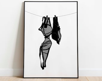 Hanging Lingerie Wall Art INSTANT DOWNLOAD Black Bra and Panties on Clothesline Art Print Hanging Laundry on Washing Line Wall Decor