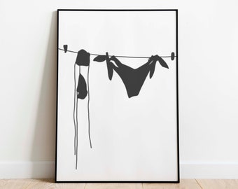 Wiszące Bikini Ścienne Sztuka NATYCHMIASTOWE POBIERANIE Bikini na Sznurku Cień Sztuka Wydruk Wiszący Pranie na Sznurku Dekoracja Ścienna
