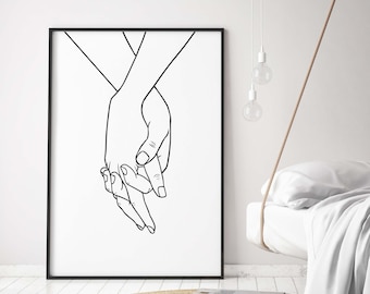 Romantyczne trzymające się za ręce plakat ścienny do wydrukowania wystrój domu dotykające się ręce rysunek liniowy minimalistyczna sztuka dekoracja pokoju