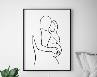 Para w ciąży Abstrakcyjna sztuka ścienna Wydrukuj plakat Wystrój domu Romantyczna para Rysunek liniowy Minimalistyczna sztuka Dekoracja pokoju