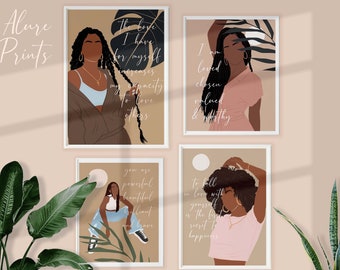 Black Girl Affirmation Art Bundle INSTANT DOWNLOAD Boho Black Woman Self Love Art Woman with Braids Art Pack Tropical Black Girl Wall Art