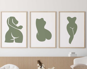 Set of 3 Sage Green Abstract Female Body Printable Wall Art Modern Art Print Curvy Woman's Body Art Print Green Wall Decor Body Positive Art