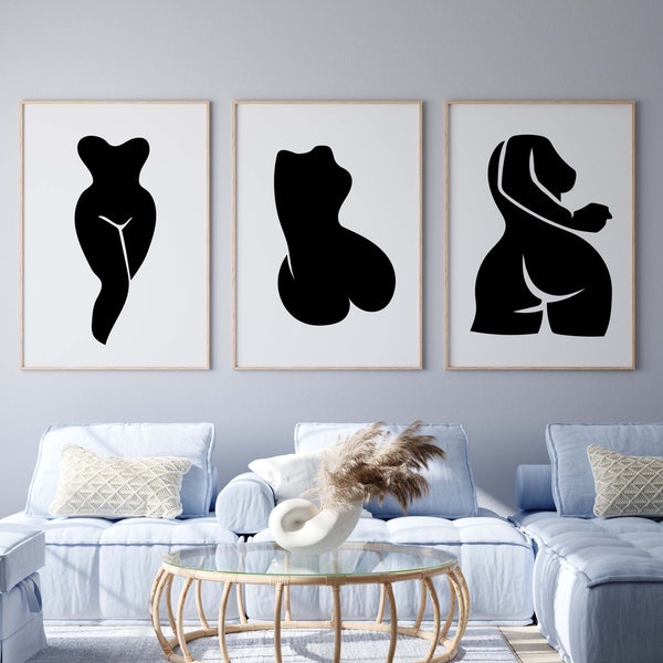 Set of 3 Abstract Female Body Printable Wall Art Modern Art Print Curvy Woman's Body Art Print Black & White Wall Decor Body Positivity Art