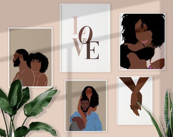 Set of 5 Black Couple Wall Art Art INSTANT DOWNLOAD Man and Woman Art Black Love Art Poster Printable Wall Art Valentines Day Gifts