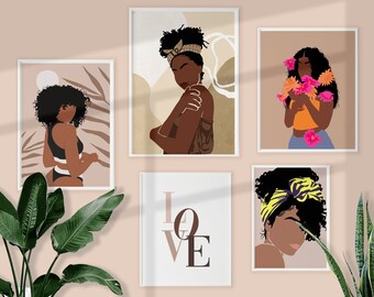 Set of 5 Black Girl with Curls Wall Art INSTANT DOWNLOAD Boho Black Woman Art Black Love Art Poster Printable Wall Art Brown Girl Hair Art