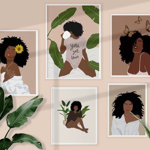 Set of 5 Black Woman Wall Art INSTANT DOWNLOAD Boho Black Girl Art Black Love Art Poster Printable Wall Art Brown Girl Hair Art