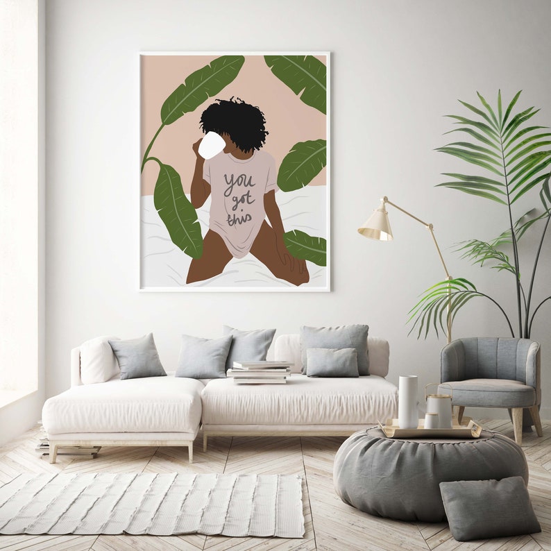 Botanical Black Woman with Curly Hair Wall Art Art INSTANT | Etsy