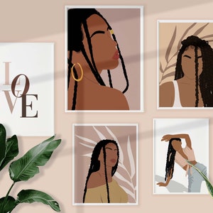 Set of 5 Black Girl with Braids Wall Art INSTANT DOWNLOAD Boho Black Woman Art Black Love Art Poster Printable Wall Art Brown Girl Hair Art