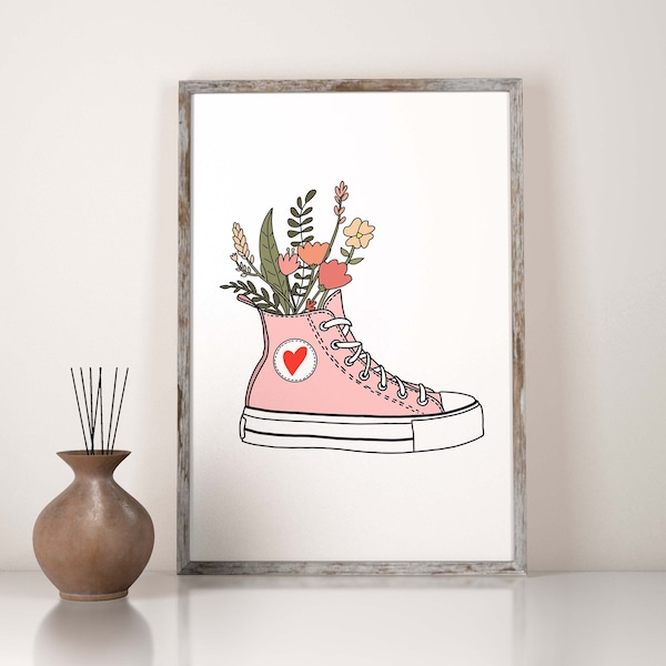 Pink Sneaker Flower Pot INSTANT DOWNLOAD Cute Pink Chucks Shoe Art Print Cute Flower Illustration Girl's Bedroom Wall Art