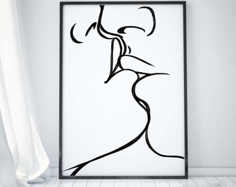 Romantyczna para Line Art NATYCHMIASTOWE POBIERANIE Całująca się para Wall Art One Line Art Plakat Czarno-biały Minimalistyczny Art Wydrukuj Wall Art