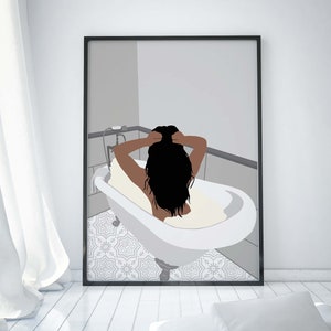 Schwarzes Mädchen in Badekunst INSTANT DOWNLOAD Badezimmer Wandkunst Frau Baden Wandkunst Frau in Badewanne Moderne Druckbare Kunst