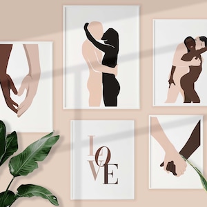 Juego de 5 arte de pared de pareja interracial de mujer negra, hombre blanco, descarga instantánea, arte de pareja birracial, cartel de pareja mixta, arte de pared imprimible