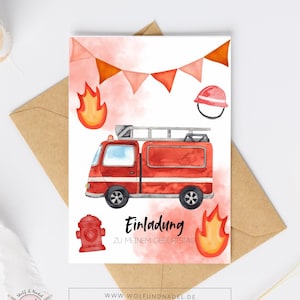 Einladung Kindergeburtstag Feuerwehr|A6 Karte mit Umschlag | Vorgedruckt & beschriftbar | Feuerwehrparty|Einladung zum ausfüllen| 6x|8x|10x