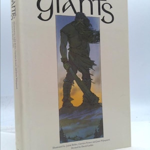 May include: A book cover with the title "Giants" in a stylized font. The cover features an illustration of a large, green-skinned giant with a long beard, holding a large club. The giant is standing on a mountaintop with a sunset in the background.