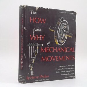 May include: A black hardcover book titled The HOW and WHY of MECHANICAL MOVEMENTS by Harry Walton. The cover features red text and white illustrations of a gear assembly and a pulley system, with additional text detailing machine components.