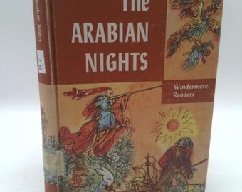 May include: A brown book with the title "The Arabian Nights" in gold lettering. The cover features illustrations of a knight on horseback, a rabbit, a ship, and a sun.
